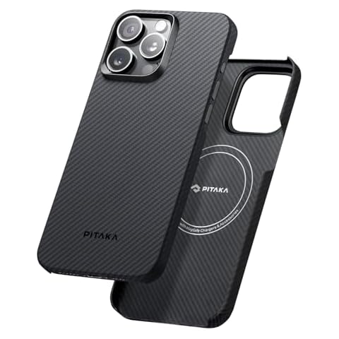 pitaka Case for iPhone 15 Pro Compatible with MagSafe, Slim & Light iPhone 15 Pro Case 6.1-inch with a Case-Less Touch Feeling, 600D Aramid Fiber Made [MagEZ Case 4 - Black/Grey(Twill)] Cover