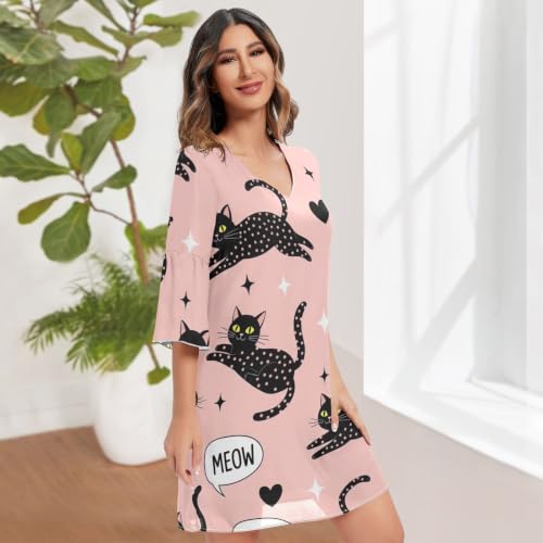 Robe d'été swing originale imprimé chats noirs et manches 3/4
