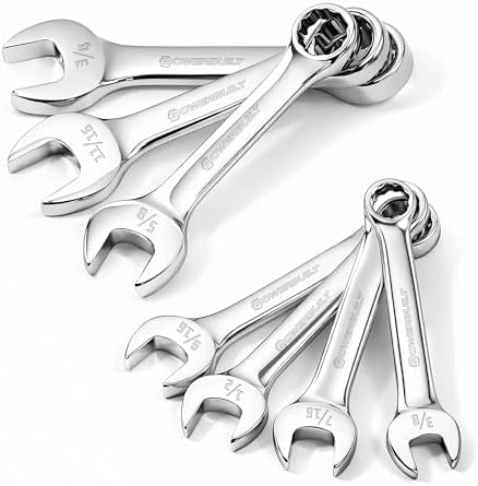 Powerbuilt Stubby Combination Wrench Tool Set, 7 Piece SAE Sizes, Open End and Z