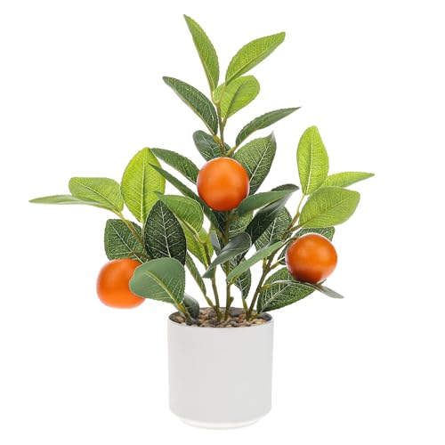 Woration Artificial Orange Plant Potted 14.5inches Small Faux Fruit Orange Tree Bonsai with White Pot Table Centerpiece Farmhouse Style Home Office Desk Shelf Decoration Indoor