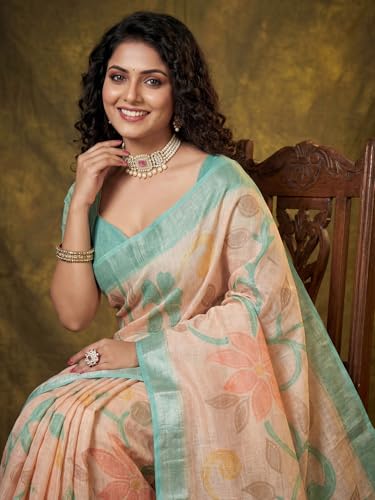 Image of AKHILAM Women's Floral Printed Handloom Cotton Silk Saree with Zari Border and Tassel Pallu Unstitched Blouse Piece | Traditional Ethnic Wear Sarees | Women saree silk | Festive Sari Women's