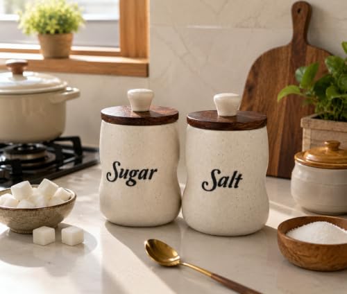 Image of Ceramic Sugar Salt Jar Set of 2 for Kitchen Storage, Airtight Lid Canisters for Countertop Decor, Premium Ceramic Containers for Sugar, Salt, Spices, Dry Fruits & Daily Essentials