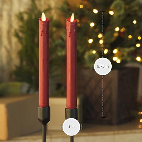 Image of Luminara Burgundy Set of 2 Wax Drip Flameless Candle Tapers (1 x 9.5 inch), Moving Flame LED Candle Unscented Real Wax with Dripped Top Timer Function, Table, Mantel, Holiday Decoration