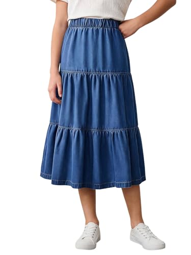 GORGLITTER Girl's Skirts Jean Denim Long Maxi Skirts Cute Western Ruffle Hem Fashion Trendy Western A Line Midi Skirts Dark Wash 9 Years