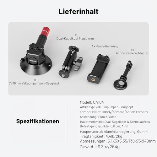 NEEWER 3\ Kamera Halterung mit Saugnapf, Magic Arm mit Kugelkopf kompatibel mit ARRI 1/4\ Löchern, Auto Halterung mit Handyhalter und Action Cam Adapter kompatibel mit iPhone GoPro DJI Insta360, CA104