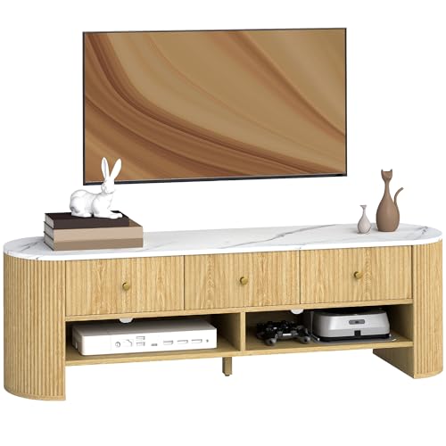 HOMCOM Meuble TV 140 cm, Meuble télé pour téléviseur 32-65 Pouces Effet marbre avec 3 tiroirs façades à cannelures, 2 étagères Ouvertes et 2 Trous pour câbles,...