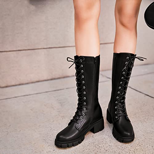 Tinstree Mid Calf Combat Boots Black,Street Style Fashion Women's Knee High Platform Boots Buckle Leather Combat Lace Up Booties Side Zip-Up Mid-Calf Boots Black,8 #TOP5