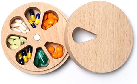 Weekly Pill Organizer, Vitamin Pill Container, 7 Day Travel Pill Box, Daily Pill Dispenser, Medicine Organizer, Wooden Magnetic Round Twist Top Design Small Pill Organizer