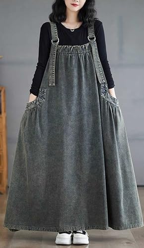 Image of Women's Casual Loose Denim Dress Sleeveless Adjustable Straps Denim Jumper Dress with Pockets