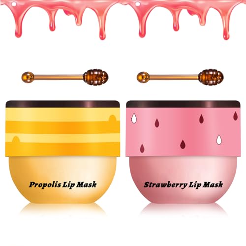 2PCS Bee Lip Balm Honey Pot Sleeping Mask - Silky Hydrating Overnight Lip Care Products - Strawberry...