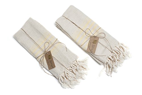 Ahenque Set Of 2 Linen&Cotton Blend Striped Turkish Tea Towel, Eco-Friendly Hand-Loomed Dishcloths With Tassel, Cream Kitchen Towel Set, Hand Towel #TOP1