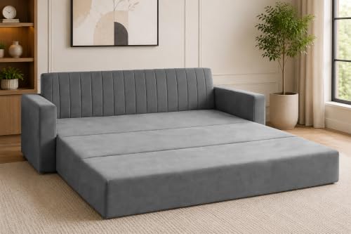 Image of 3-Seater Velvet Sofa Cum Bed with Armrests | Modern Convertible Sleeper Couch | Stylish Sofa Bed for Living Room, Bedroom & Office | Grey