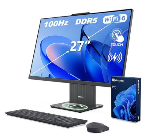 Image of Lenovo IdeaCentre 27 inch Business All-in-One Desktop Computer, FHD 100Hz Touchscreen, AMD Ryzen 5 7535HS, PCONLINE Customized 16GB /64GB DDR5 RAM, 1TB /4TB SSD, Wireless KB& Mouse, Wireless Charger, Win11P