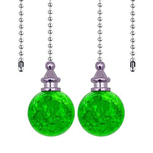 Image of 2 Pack Green Glass Ceiling Fan Pull Chain, Fan Lamp String Pulls Crystal Decorative Extension, 12 Inches Ball Chains Extender Ornament with Connector