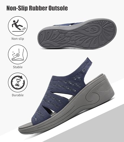 Image of Womens Wedge Sandals Platform Walking Sandals Open Toe Ankle Elastic Strap Casual Comfortable Summer Dressy