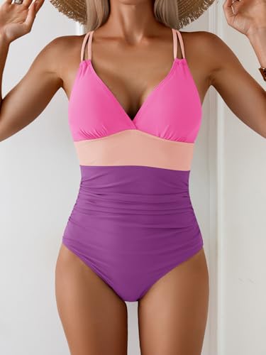 Image of Aidonger Women's One Piece Color Block Swimsuit Tummy Control Slimming Bathing Suit V Neck Cutout High Waisted Swimwear