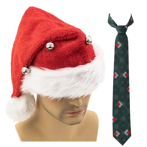 DSKOBT Hat Men 1989s Vacation movie Costume Accessory Tie Santa Hat Set for Adults Holiday Party (Christmas hat and green tie)