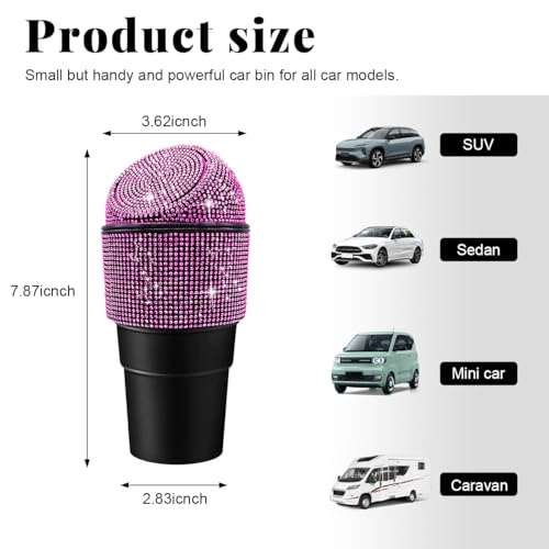 Image of Yourkar Bling Car Trash Can with Lid, Sparkling Crystal Auto Garbage Can with Leak-Proof Lid, Multipurpose Waterproof Trash Bin for Automotive Home Office Kitchen Bedroom (Pink)