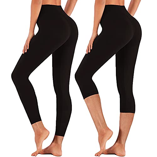MOREFEEL 2 Pack High Waisted Capri Leggings for Women - Workout Soft Black Tummy Control Running Yoga Legging Pantsï¼ˆFull Length Legging+Capri Leggingï¼‰, Large-X-Large