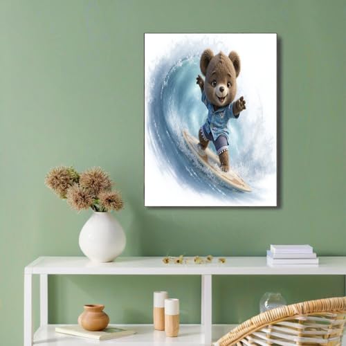 Cuadros de arte de oso surfista, lienzo moderno de 50x70cm azul sin marco para decorar el salón