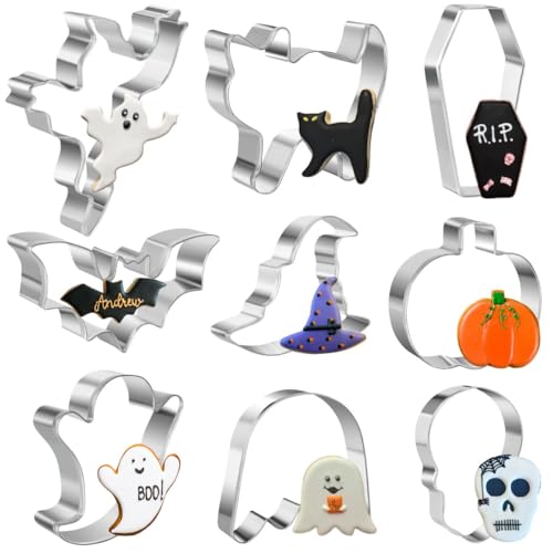 9 Pieces Halloween Cookie Cutters Set for Baking - Ghost,Bat,Cat,Pumpkin,Skull,Coffin and Witch's Hat Shape Stainless Steel Holiday Biscuit/Pastry Cutter