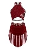 iiniim Vestido de Patinaje Artístico para Niñas Vestido Danza Lírica y Contemporánea Maillot con Falda Ballet de Malla y Pedrería Brillante Disfraz Bailarina 5-16 Años borgoña 13-14 años