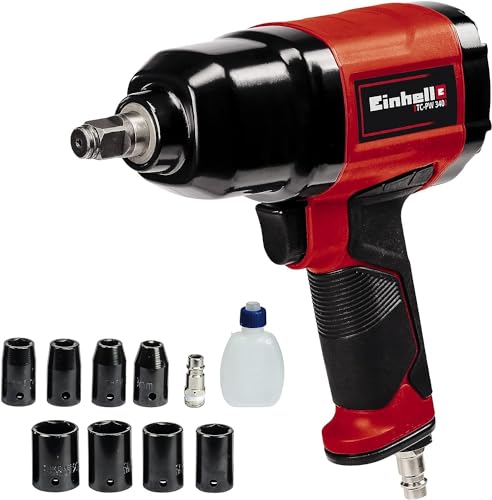 Einhell Druckluft-Schlagschrauber TC-PW 340 (max. Drehmoment 340 Nm, Links-/Rechtslauf, gummierter Griff, inkl. 8 Stecknüsse, Ölflasche (leer), Stecknippel)