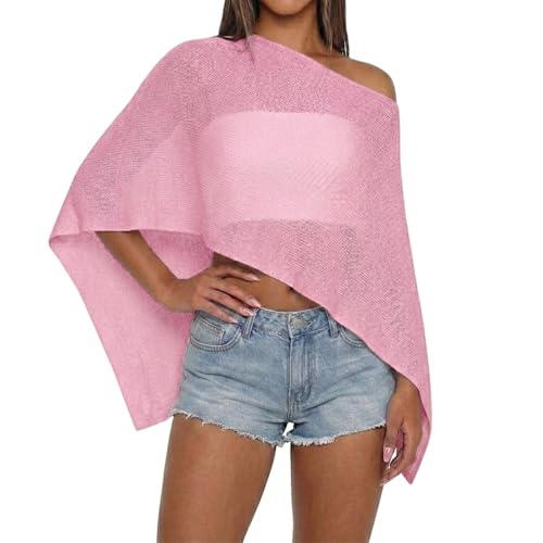 Women Sheer Knit Poncho Top Beach Cover Up Lightweight Crochet Shrug Y2k Summer See Through Shawl (Pink One Size)