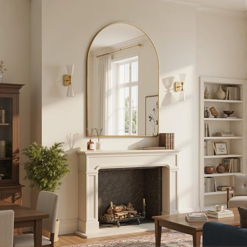 Image of Antok Arched Bathroom Mirror, 30 inchx40 inch Wall Mounted Mirror, Vanity Mirrors for Over Sink, Aluminum Alloy Frame Bathroom Mirrors Living Room, Bedroom and Entryway, Gold