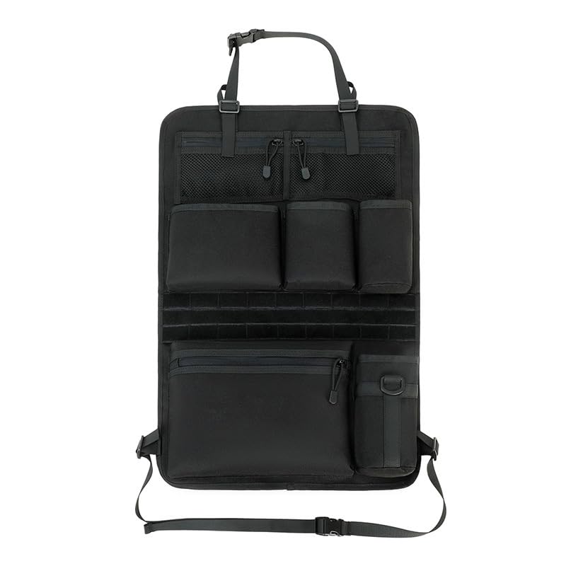 ProWildGear Tactical Car Seat Organiser 16.5 x 24 Inch Seat Back Organiser with 2 Mesh Pockets, 3 Pockets, 1 Zip Pocket, 1 Cup Holder, With Molle System - for Camping, Travel (black)