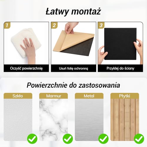 TONOR Zestaw 8 Kwadratowych Paneli Akustycznych, 23 x 23 x 0,5 cm, Samoprzylepne Panele Scienne o Wysokiej Gęstości, Odpowiednie do Dekoracji Scian i Redukcji Hałasu, Czarny