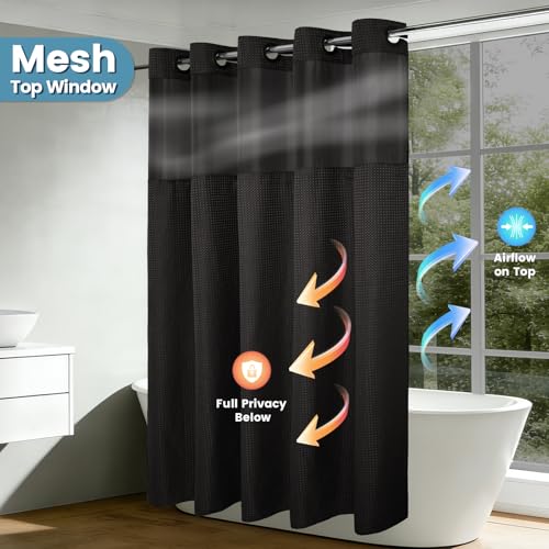 EUTXL Heavyweight Long No Hook Shower Curtain with Snap in Liner,256GSM Waffle Weave Shower Curtains for Bathroom,71W x 77H(75"),Black by EUTXL - Used condition - Image 6