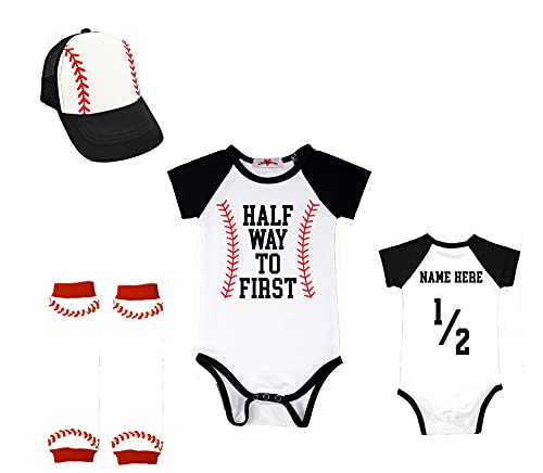 Half Birthday Boy Girl Half Way to First® 6 Month Baseball 1/2 Halfway Black Outfit Set