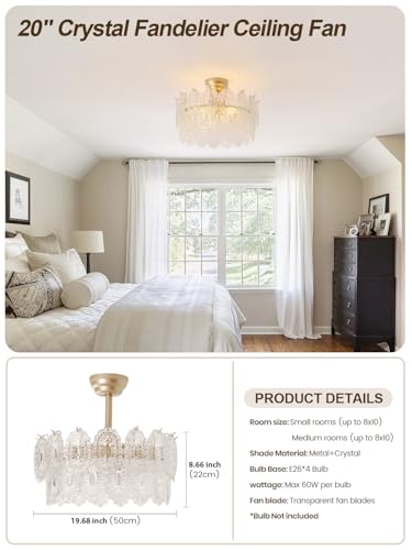 Image of 20 inch Gold Fandelier Ceiling Fans with Lights, Crystal Chandelier Ceiling Fans with Lights Remote Control, Mid Century French Caged Fandelier with 6 Speeds for Bedroom, Living Room