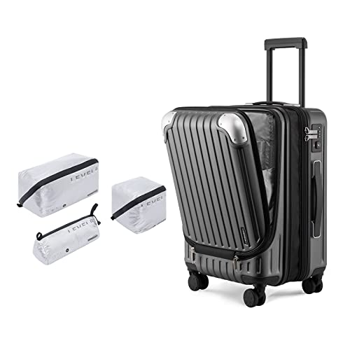 LEVEL8 Grace EXT Carry On Luggage, 20” Expandable Hardside Suitcase with Make Up Bags- Grey, 20” Carry-On
