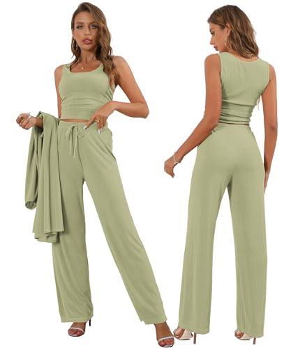 Image of 3 Piece Lounge Sets for Women Airport Travel Outfit | Long Cardigan,Tank Top ,Wide Leg Pants with Pockets,Comfy Loungewear,Casual Chic, Airplane Clothing,Vacation Matching Set