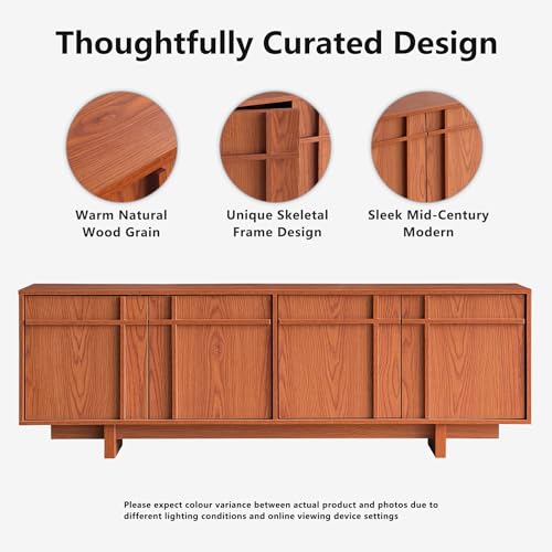 Image of TV Stand for 75 Inch TV, Mid Century Modern TV Stand with Skeletal Lines Design, Wood Grain Finish, Media Console with Storage, 65.6 inch Entertainment Center for Living Room, Bedroom, Cherry