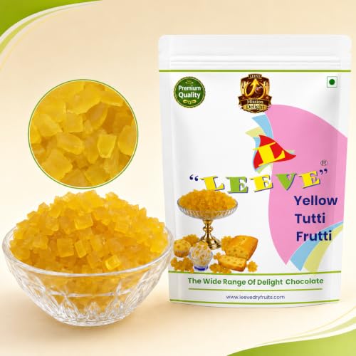 Image of Leeve Yellow Tutti Frutti, Candied Papaya Cubes for Cakes, Cookies, Ice Cream, Muffins and Dessert Decoration, Sweet Chewy Bakery Topping, 400 g