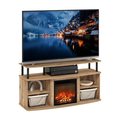 Furinno Jensen Fireplace TV Stand, Entertainment Center, TV Console for TV up to 55 Inch with Fireplace and Open Shelving Storage, for Living Room, Bedroom, Flagstaff Oak