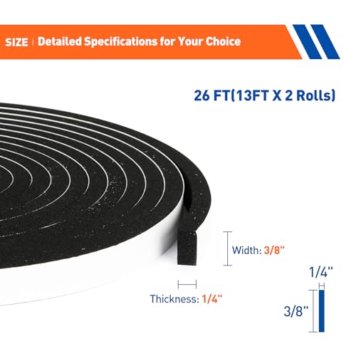 Image of MAGZO Weather Stripping Door Seal, 3 /8 Inch Wide X 1 /4 Inch Thick Adhesive Foam Tape Soundproof Weatherstripping for Windows, 2 Rolls Total 26FT Black