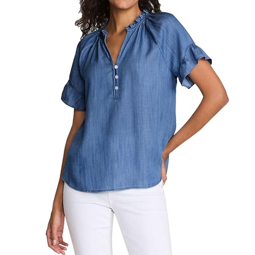 Womens Short Sleeve Ruffle Blouse V Neckline Ruffled Collar Shirt Casual Blue Top