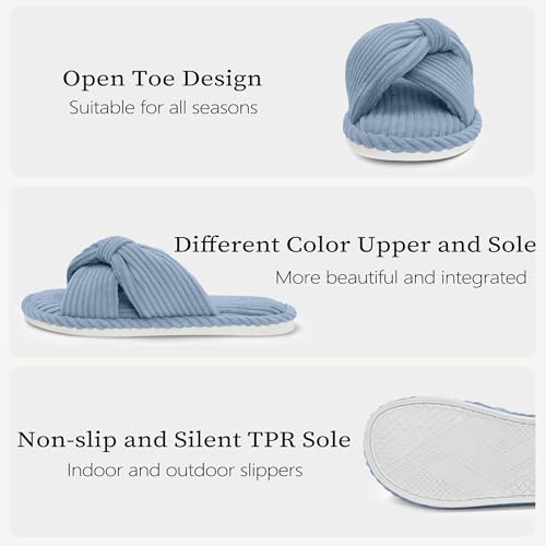 Image of IPSAE House Slippers for Woman Memory Foam Open Toe Slippers Corduroy Cross Bow Womens Slipper Slides Comfy Indoor Bedroom Slip On Shoes