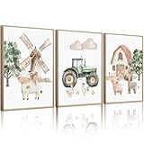 Nursery Farm Animal Wall Art Decor Baby Animal Canvas Prints Nursery Kids Farmhouse Poster Farm Cow Pig Pictures Wall Decor Green Tractor Painting Artwork for Children Bedroom 12x16 Inch Unframed 3Pcs