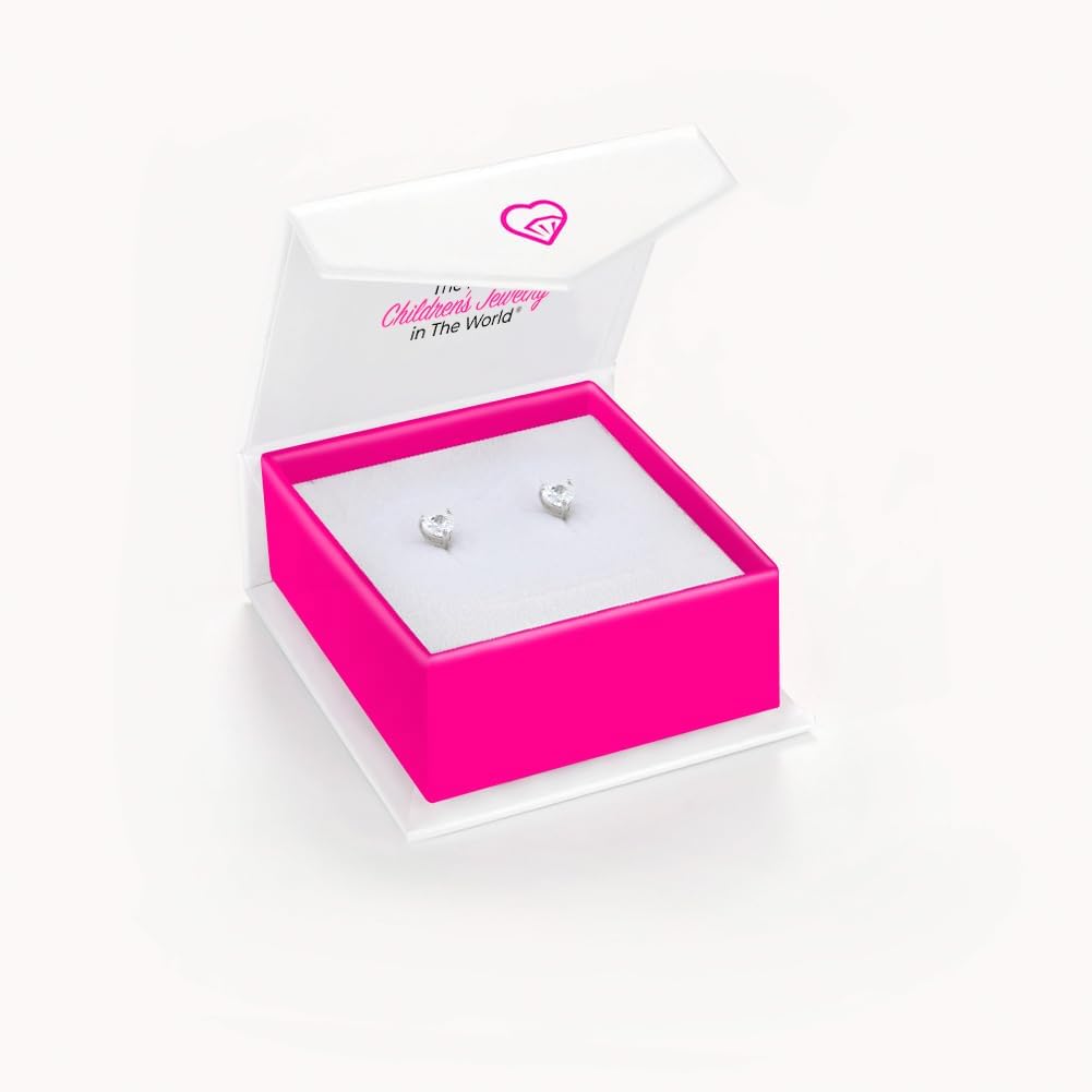 In Season Jewelry Heart-Shaped Solitaire Stud Kids Earrings - 925 Sterling Silver Hypoallergenic Earrings for Girls with Secure Push Back Locking - Safe & Comfortable for Kids & Little Girls