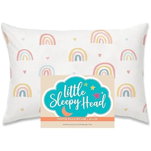 Little Sleepy Head Youth Pillow Case - 100% Made Cotton & Hypoallergenic Pillow Case - Snug Fit Envelope Pillowcase Enclosure - Youth Pillow 16x22 Size - (Rainbows) Design Travel Pillow Cover