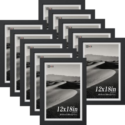 Image of VCK 12x18 Picture Frame Set of 10 - Black, Wide Border Solid Wood Frame, Display Pictures in Horizontal and Vertical, for Home, Office, Gallery, Woodgrain Series, Wall Hanging