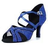 Syrads Zapatos de Baile Latino para Mujer Salsa Tango Bachata Vals con Pedrería Zapatos de Baile de Salón Suela Blanda,Azul 7.5cm Heel,37 EU