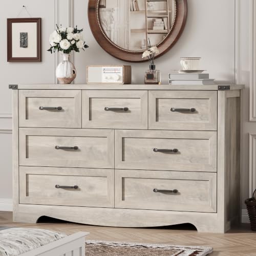 Image of Dresser for Bedroom with 7 Drawers, 58 inch Wide Wood Chest of Drawers with Deep Drawers & Mental Handle, Modern Dresser TV Stand, Wooden Closet Storage Organizer for Living Room, Hallway, Entryway, Grey