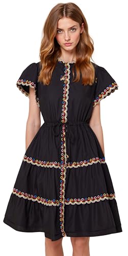 LAI MENG FIVE CATS Damen Minikleid mit Puffärmeln und Stehkragen, Stickerei, lässiges Minikleid mit elastischem Kordelzug, Schwarz, Klein