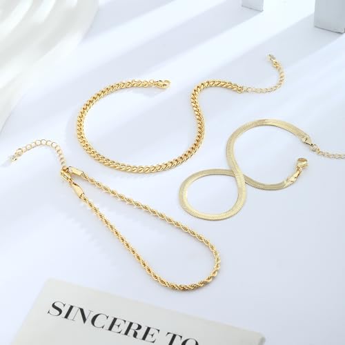 Image of Gold Anklets for Women Waterproof 14k Gold Plated Cuban Link Anklets Non Tarnish Rope Herringbone Ankle Chain Summer Beach Jewelry Gifts for Women